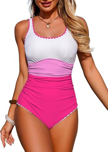 Women One Piece Swimsuit Tummy Control Bathing Suit Full Coverage Swimming Suit Color Block Swimwear Adjustable Straps in Kuwait