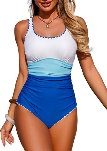 Women One Piece Swimsuit Tummy Control Bathing Suit Full Coverage Swimming Suit Color Block Swimwear Adjustable Straps in Saudi Arabia
