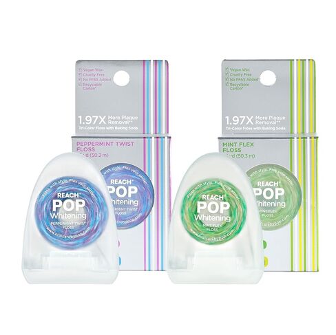 REACH POP Whitening Dental Floss – 2 Pack, Mint & Peppermint, Baking Soda Infused Vegan Wax, Teeth Whitening, Plaque Remover for Teeth, Shred Resistant, Cruelty Free, Oral Care, PFAS Free in Kuwait