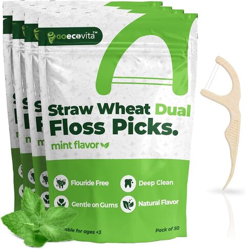 Dual Line Dental Floss Picks - Straw Wheat Flossers | Thin & Shred-Resistant Thread for Tight Gaps | Dental Flossers for Adults | Gentle on Gums & Teeth (200 Pack, Mint) in Kuwait