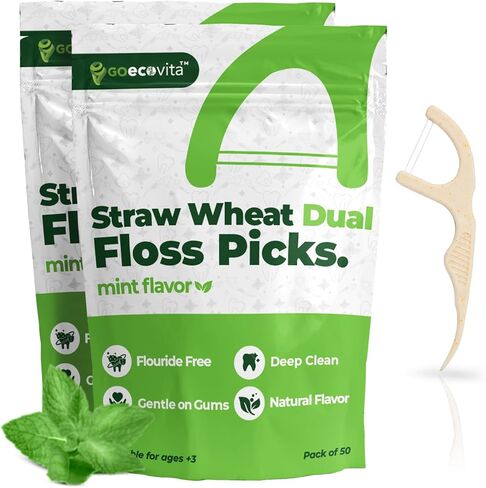 Dual Line Dental Floss Picks - Straw Wheat Flossers | Thin & Shred-Resistant Thread for Tight Gaps | Dental Flossers for Adults | Gentle on Gums & Teeth (200 Pack, Mint) in Saudi Arabia