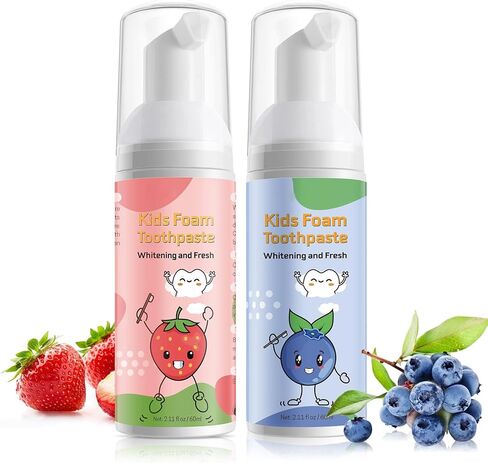 Toddler Foam Toothpaste with Low Fluoride, Gentle Cleaning for Ages 3+, Mild Fruit Flavor, Kids Foaming Toothpaste Compatible with U-Shaped Toothbrush (120 ML, Blueberry & Strawberry) in Saudi Arabia