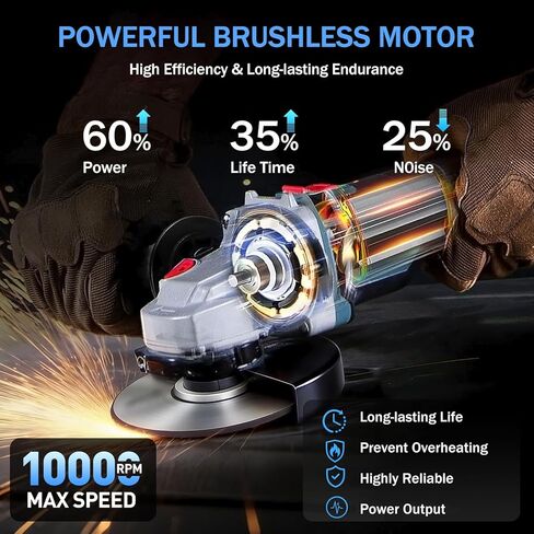 21V Cordless Angle Grinder, 4-1/2 Inch Brushless Angle Grinder, 10000RPM Power Grinder Tool Kit with 2x 2.0Ah Batteries, Ideal for Metal Cutting, Grinding, Polishing, Electric Tool for DIY Projects in Saudi Arabia