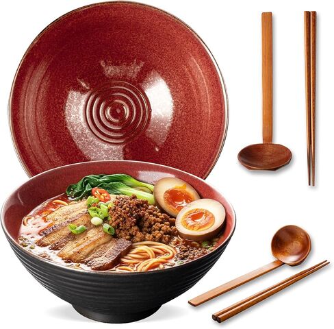 8 Inch Ceramic Ramen Bowl Set of 2, 40oz Japanese Bowls with Spoons & Chopsticks,Durable,Microwave & Dishwasher Safe,Perfect for Ramen,Pho,Salad,Soup,Noodles，Mixing bowls（Verdigris Green） in Saudi Arabia