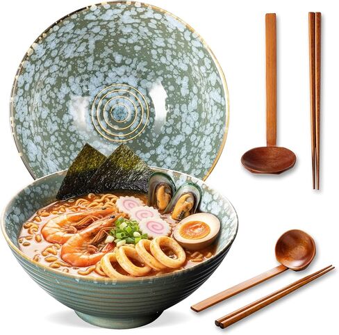 8 Inch Ceramic Ramen Bowl Set of 2, 40oz Japanese Bowls with Spoons & Chopsticks,Durable,Microwave & Dishwasher Safe,Perfect for Ramen,Pho,Salad,Soup,Noodles，Mixing bowls（Verdigris Green） in Saudi Arabia