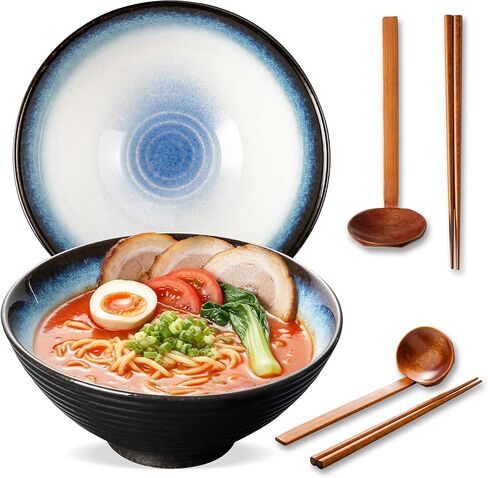 8 Inch Ceramic Ramen Bowl Set of 2, 40oz Japanese Bowls with Spoons & Chopsticks,Durable,Microwave & Dishwasher Safe,Perfect for Ramen,Pho,Salad,Soup,Noodles，Mixing bowls（Verdigris Green） in Saudi Arabia
