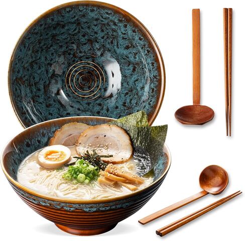 8 Inch Ceramic Ramen Bowl Set of 2, 40oz Japanese Bowls with Spoons & Chopsticks,Durable,Microwave & Dishwasher Safe,Perfect for Ramen,Pho,Salad,Soup,Noodles，Mixing bowls（Verdigris Green） in Saudi Arabia