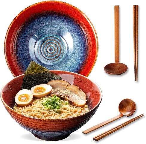 8 Inch Ceramic Ramen Bowl Set of 2, 40oz Japanese Bowls with Spoons & Chopsticks,Durable,Microwave & Dishwasher Safe,Perfect for Ramen,Pho,Salad,Soup,Noodles，Mixing bowls（Verdigris Green） in Saudi Arabia