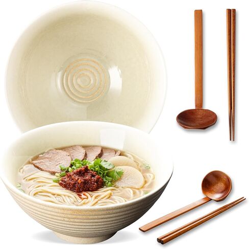 8 Inch Ceramic Ramen Bowl Set of 2, 40oz Japanese Bowls with Spoons & Chopsticks,Durable,Microwave & Dishwasher Safe,Perfect for Ramen,Pho,Salad,Soup,Noodles，Mixing bowls（Verdigris Green） in Saudi Arabia