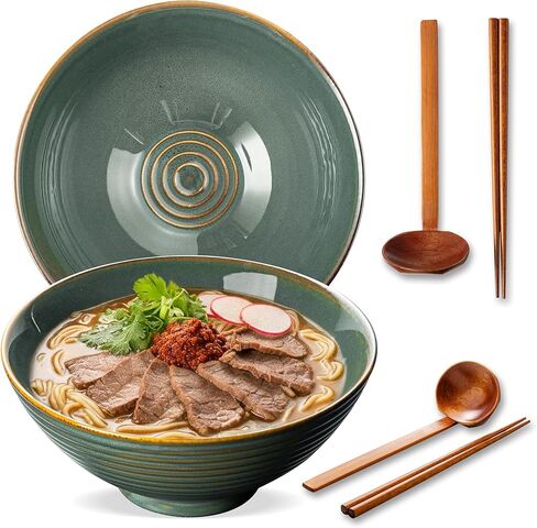 8 Inch Ceramic Ramen Bowl Set of 2, 40oz Japanese Bowls with Spoons & Chopsticks,Durable,Microwave & Dishwasher Safe,Perfect for Ramen,Pho,Salad,Soup,Noodles，Mixing bowls（Verdigris Green） in Saudi Arabia