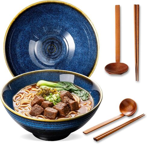 8 Inch Ceramic Ramen Bowl Set of 2, 40oz Japanese Bowls with Spoons & Chopsticks,Durable,Microwave & Dishwasher Safe,Perfect for Ramen,Pho,Salad,Soup,Noodles，Mixing bowls（Verdigris Green） in Saudi Arabia