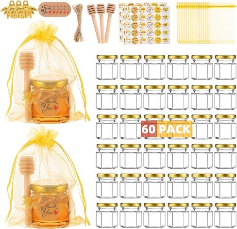 60 Pack Mini Glass Honey Jars Party Favors,1.5 oz Small Hexagon Glass Honey Jars with Dippers,Lids,Gold Bags,Bee Charms,Thank You Cards,Jute,Cute Stickers for Baby Shower Favors,Wedding party gift in Saudi Arabia