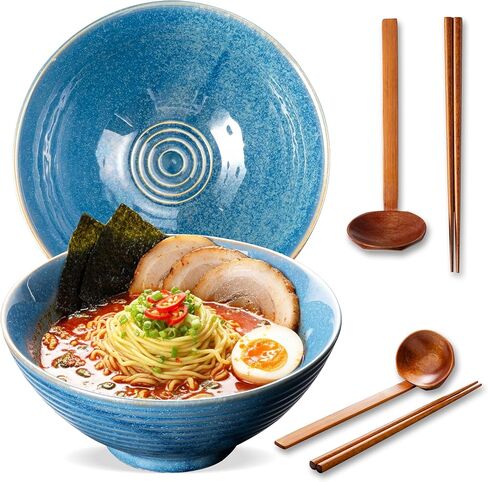 8 Inch Ceramic Ramen Bowl Set of 2, 40oz Japanese Bowls with Spoons & Chopsticks,Durable,Microwave & Dishwasher Safe,Perfect for Ramen,Pho,Salad,Soup,Noodles，Mixing bowls（Verdigris Green） in Saudi Arabia