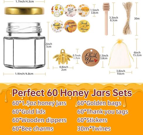 60 Pack Mini Glass Honey Jars Party Favors,1.5 oz Small Hexagon Glass Honey Jars with Dippers,Lids,Gold Bags,Bee Charms,Thank You Cards,Jute,Cute Stickers for Baby Shower Favors,Wedding party gift in Saudi Arabia