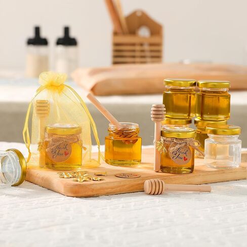 60 Pack Mini Glass Honey Jars Party Favors,1.5 oz Small Hexagon Glass Honey Jars with Dippers,Lids,Gold Bags,Bee Charms,Thank You Cards,Jute,Cute Stickers for Baby Shower Favors,Wedding party gift in Saudi Arabia