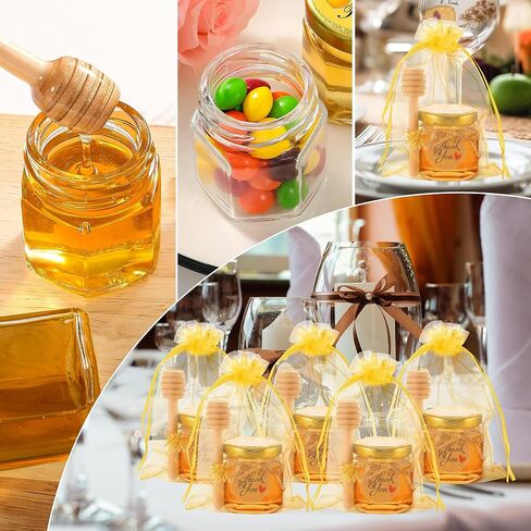 60 Pack Mini Glass Honey Jars Party Favors,1.5 oz Small Hexagon Glass Honey Jars with Dippers,Lids,Gold Bags,Bee Charms,Thank You Cards,Jute,Cute Stickers for Baby Shower Favors,Wedding party gift in Saudi Arabia