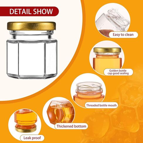 60 Pack Mini Glass Honey Jars Party Favors,1.5 oz Small Hexagon Glass Honey Jars with Dippers,Lids,Gold Bags,Bee Charms,Thank You Cards,Jute,Cute Stickers for Baby Shower Favors,Wedding party gift in Saudi Arabia