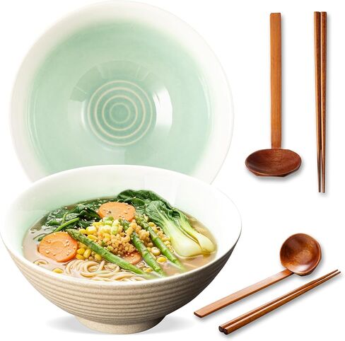 8 Inch Ceramic Ramen Bowl Set of 2, 40oz Japanese Bowls with Spoons & Chopsticks,Durable,Microwave & Dishwasher Safe,Perfect for Ramen,Pho,Salad,Soup,Noodles，Mixing bowls（Verdigris Green） in Saudi Arabia