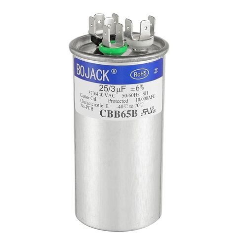 BOJACK 25+3 uF 25/3 MFD ±6% 370V/440V CBB65 مكثف تشغيل دائري مزدوج لتشغيل محرك التيار المتردد أو تشغيل المروحة أو مكيف الهواء المستقيم البارد أو الحراري in Kuwait