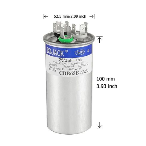 BOJACK 25+3 uF 25/3 MFD ±6% 370V/440V CBB65 مكثف تشغيل دائري مزدوج لتشغيل محرك التيار المتردد أو تشغيل المروحة أو مكيف الهواء المستقيم البارد أو الحراري in Kuwait