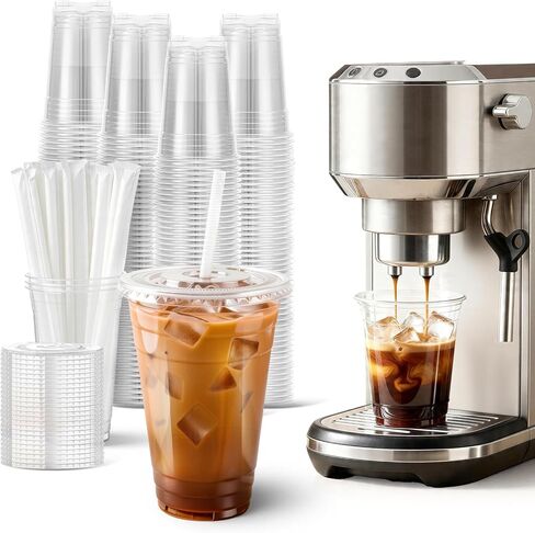 100-Pack 16 oz Cups with Lids and Straws, Disposable Plastic Cups with Lids - BPA-free, Perfect for Iced Coffee, Frappes, Milkshakes & Juice, Ideal for Home, Office & Parties in Kuwait