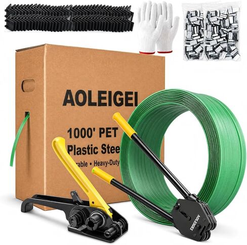 Banding Strapping Kit, 5/8" x 1000’ Heavy Duty Pallet Strapping Kit >1500lbs Tensile Strength, Includes Banding Tool Tensioner & Sealer, 200 Metal Seals, Corner Protectors & Dispenser Box in Kuwait