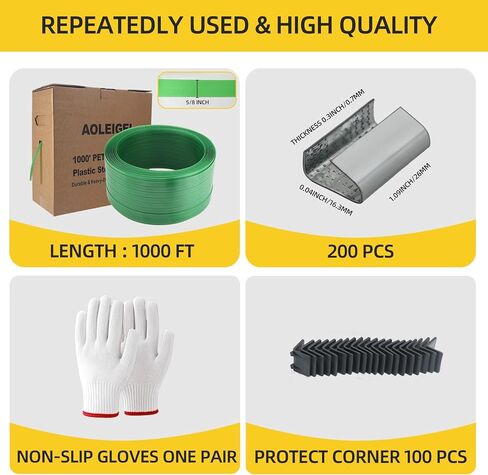 Banding Strapping Kit, 5/8" x 1000’ Heavy Duty Pallet Strapping Kit >1500lbs Tensile Strength, Includes Banding Tool Tensioner & Sealer, 200 Metal Seals, Corner Protectors & Dispenser Box in Kuwait