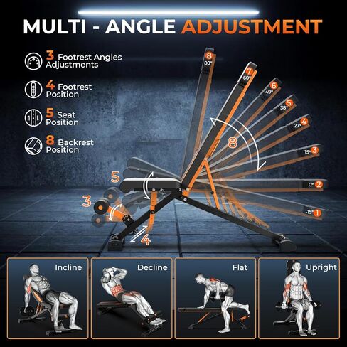 Adjustable Weight Bench, Foldable Incline Decline Flat Workout Bench Press with Extended Backrest, 80x40MM Heavy-Duty Steel Dumbbell Bench for Home Gym Full Body Strength Training in Saudi Arabia