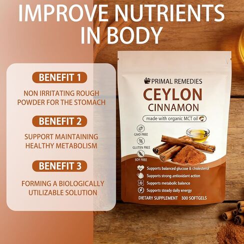 BELANO Primal Remedies Ceylon Cinnamon Made with mct Oil – 300 Softgels, 7200mg Premium Ceylon Cinnamon Formula, Non-GMO & Gluten Free in Kuwait