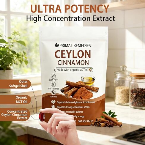 BELANO Primal Remedies Ceylon Cinnamon Made with mct Oil – 300 Softgels, 7200mg Premium Ceylon Cinnamon Formula, Non-GMO & Gluten Free in Kuwait