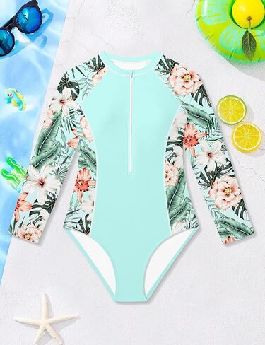 BAVADER Girls One Piece Swimsuits Long Sleeve Rash Guard Swimsuit Half-Zip Bathing Suit UPF50+ Sun Protection Swimwear 9-16Y in Saudi Arabia