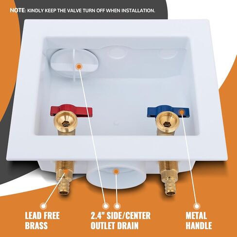 SUNGATOR Pex Washing Machine Outlet Box with Center Drain, Laundry Washer Valve Box, 1/2 Inch Pex Crimp Inlet x 3/4 Inch MHT Outlet，with 4 Crimp Rings in Saudi Arabia