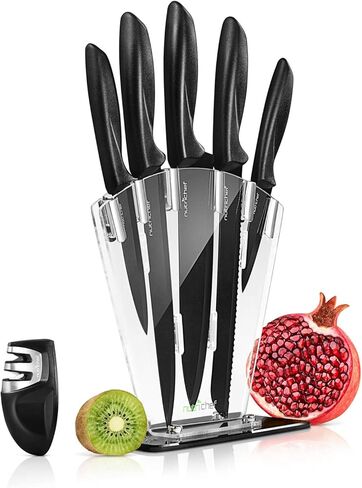 NutriChef 7 Piece Kitchen Knife Set - Stainless Steel Kitchen Precision Knives Set w/ 5 Knives & Bonus Sharpener, Acrylic Block Stand - Cutting Slicing, Chopping, Dicing - NCKNS7X in Kuwait