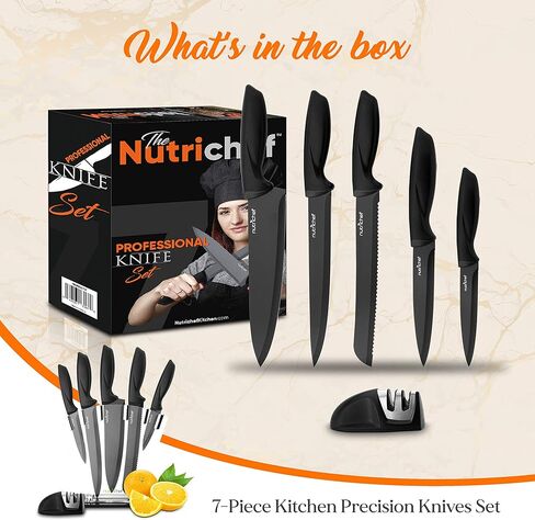 NutriChef 7 Piece Kitchen Knife Set - Stainless Steel Kitchen Precision Knives Set w/ 5 Knives & Bonus Sharpener, Acrylic Block Stand - Cutting Slicing, Chopping, Dicing - NCKNS7X in Kuwait