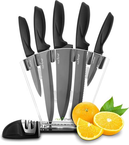 NutriChef 7 Piece Kitchen Knife Set - Stainless Steel Kitchen Precision Knives Set w/ 5 Knives & Bonus Sharpener, Acrylic Block Stand - Cutting Slicing, Chopping, Dicing - NCKNS7X in Kuwait