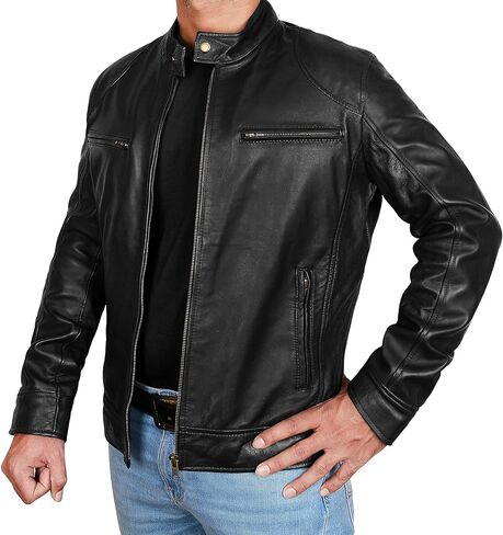Vintage Cafe Racer Leather Jacket Men Retro Motorcycle Racing Jacket in Saudi Arabia