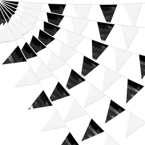 3P Black White Party Decorations - Metallic Fabric Triangle Pennant Banner Flags - Indoor/Outdoor Bunting Garland for Birthday, Wedding, Graduation & Theme Parties in Saudi Arabia