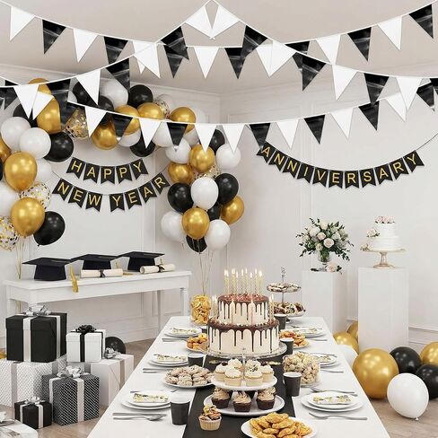 3P Black White Party Decorations - Metallic Fabric Triangle Pennant Banner Flags - Indoor/Outdoor Bunting Garland for Birthday, Wedding, Graduation & Theme Parties in Saudi Arabia