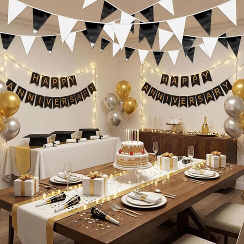 3P Black White Party Decorations - Metallic Fabric Triangle Pennant Banner Flags - Indoor/Outdoor Bunting Garland for Birthday, Wedding, Graduation & Theme Parties in Saudi Arabia