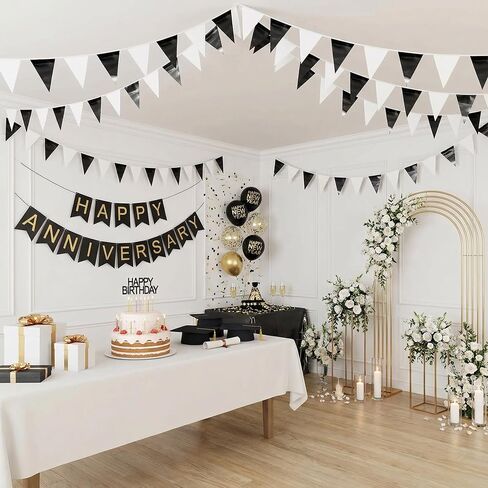 3P Black White Party Decorations - Metallic Fabric Triangle Pennant Banner Flags - Indoor/Outdoor Bunting Garland for Birthday, Wedding, Graduation & Theme Parties in Saudi Arabia
