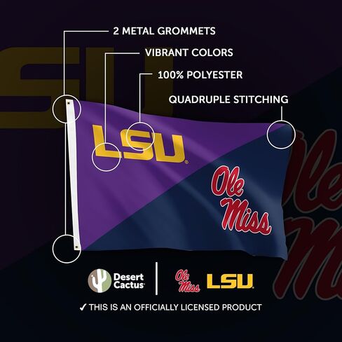 صبار الصحراء LSU x علم Ole Miss - 3 × 5 أقدام نمور ولاية لويزيانا × لافتة المتمردين UM، نسيج متين داخلي/خارجي، 100% بوليستر (منافسون المنزل) in Kuwait