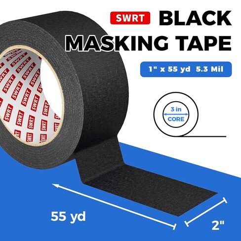 SWRT Black Masking Tape, Medium Adhesive Painters Tape 2 Inch Wide, Black Tape for Marking, Painting, Crafts & Workshop Use, Easy Tear, Clean Removal, 2 inch x 55 Yards in Kuwait