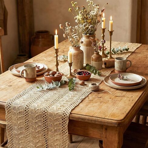 ElevateTech Burlap Boho Table Runner Farmhouse Rustic Table Runner Jute Macrame Woven Dining Kitchen Centerpiece Decor for Valentine's Day Easter Spring Table-Decoration, 12 × 47 Inch, Burlap Brown in Kuwait