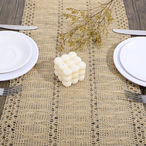 ElevateTech Burlap Boho Table Runner Farmhouse Rustic Table Runner Jute Macrame Woven Dining Kitchen Centerpiece Decor for Valentine's Day Easter Spring Table-Decoration, 12 × 47 Inch, Burlap Brown in Kuwait