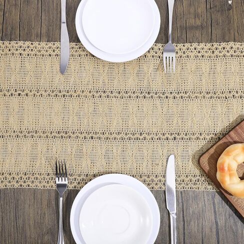ElevateTech Burlap Boho Table Runner Farmhouse Rustic Table Runner Jute Macrame Woven Dining Kitchen Centerpiece Decor for Valentine's Day Easter Spring Table-Decoration, 12 × 47 Inch, Burlap Brown in Kuwait