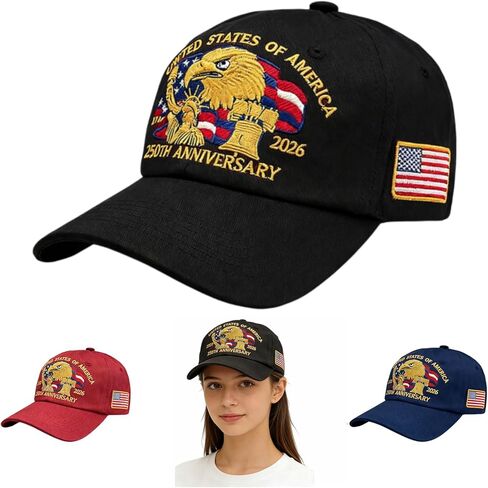 Embroidered 250th Anniversary USA Hat, Eagle & Liberty Patriotic Adjustable Baseball Cap for Men & Women，Navy Blue,Red,Black in Saudi Arabia