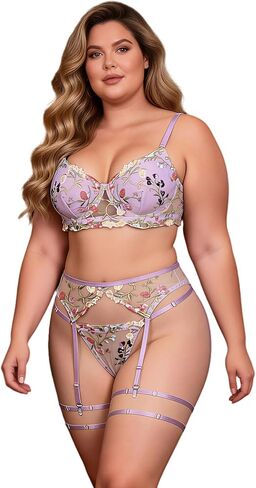 ohyeah 4 Pcs Sexy Garters Lingerie Set for Women Embroidered Floral Garter Belt, Thigh Garter Ring, Bra Panty Set Fits S-XXL in Kuwait