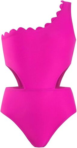 Grils Swimsuits Kids One Shoulder Ruffle Trim One Piece Swimsuit Pink Bathing Suit for Summer Vacation 4-10Y in Kuwait