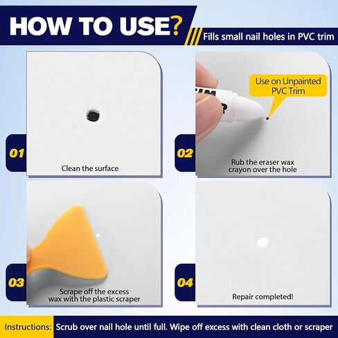 Dreyoo PVC Trim Nail Eraser Kit, 3 Pack Grade Eraser Wax Crayons with Plastic Scraper, 0.25 Ounce, Use on Unpainted PVC Trim, Interior and Exterior Use, for Filling Small Nail Holes in Kuwait