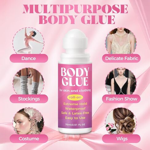 Body Glue for Clothes & Skin 2.54 Oz, Body Adhesive Roll-On, Sweat Resistant, Water Wash Off Butt Glue, Strong Fashion Glue for Dancers, Stagewear, Wigs, Socks, Bras & Costumes(75ml) in Kuwait